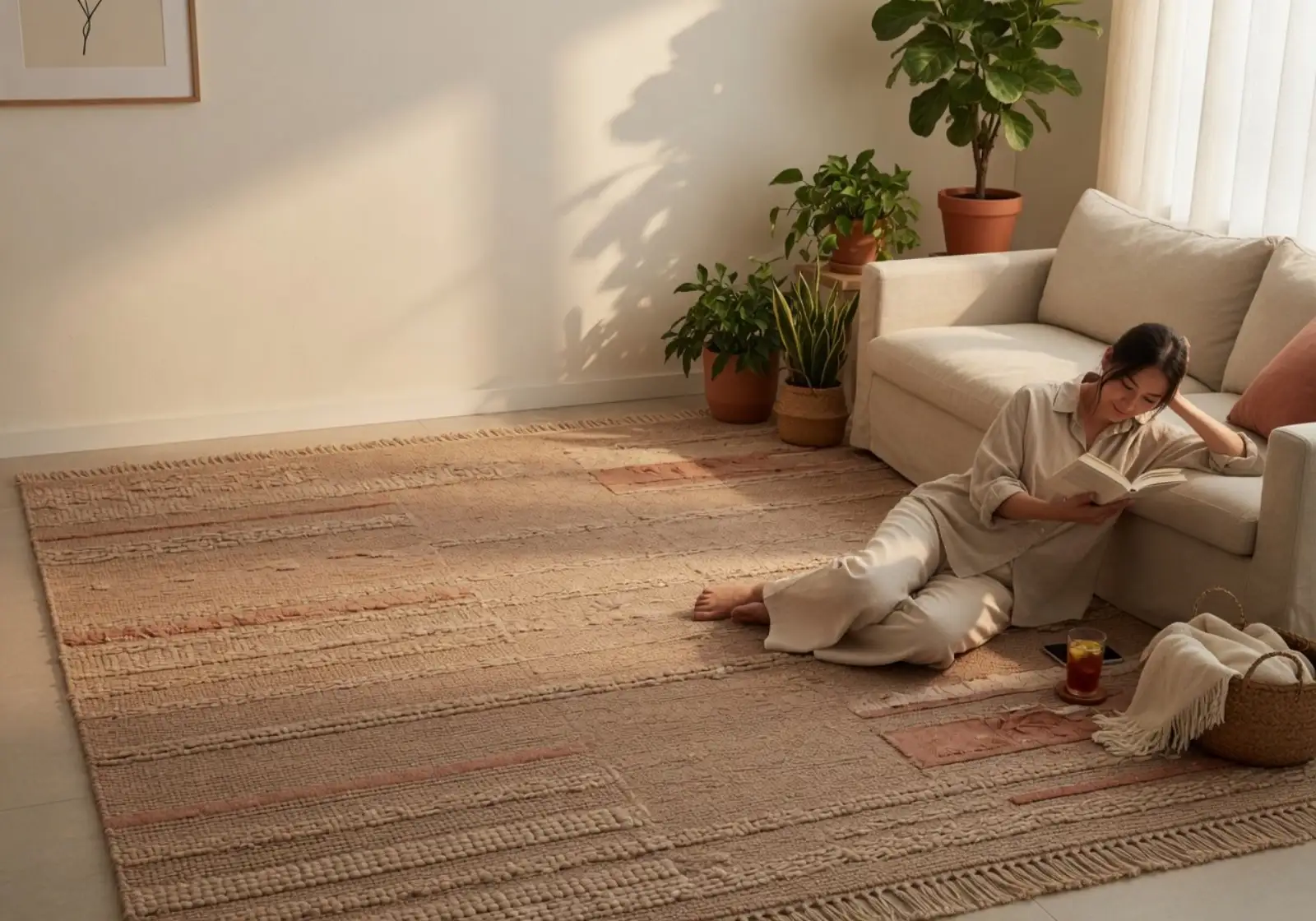 Warm, zonnig woonkamer-interieur met een groot vloerkleed in aardetinten centraal